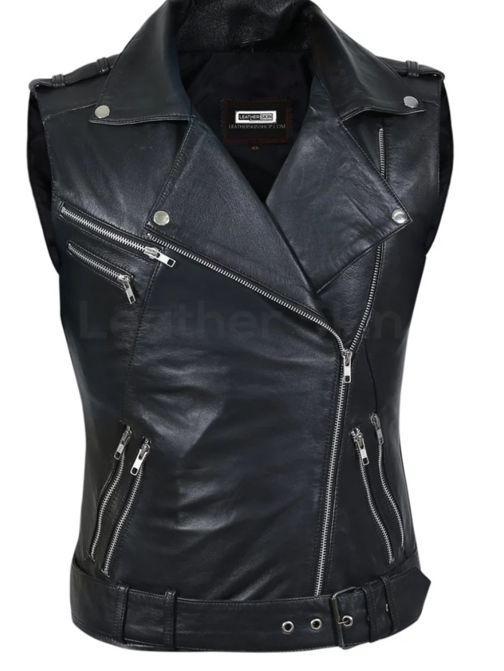 Women’s Black Leather Sleeveless Biker Vest with Silver Hardware
